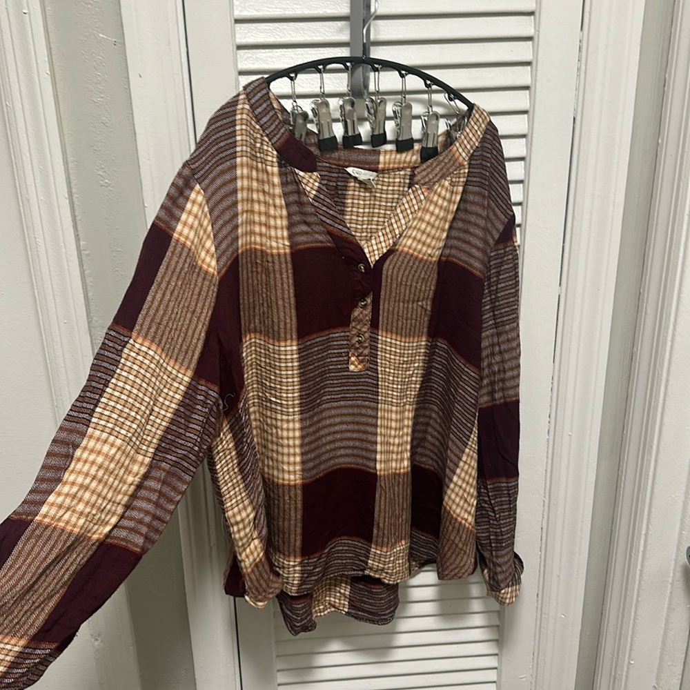 Plaid Long Sleeve Shirt in Burgundy and Beige